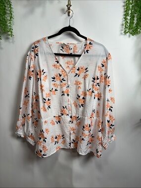 Liz Claiborne White Blouse with Peach and Navy Floral Print